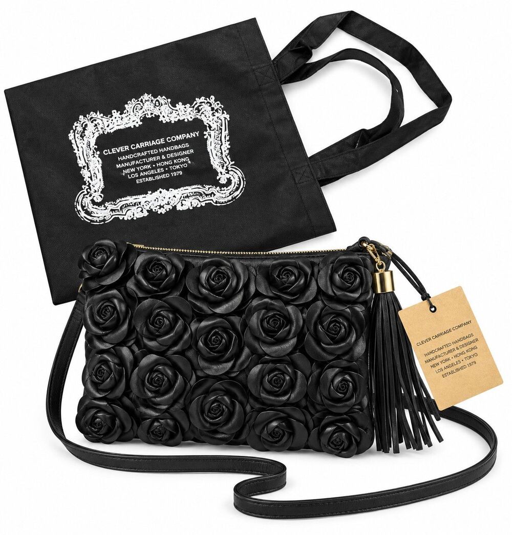 Clever Carriage Handcrafted Leather Rose Bouquet Crossbody Bag Black NWT